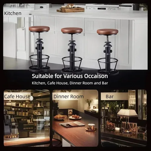 Miniatura 4 de Taburetes de bar de granja, asiento giratorio de poliuretano de 24 a 30 pulgadas, altura de mostrador ajustable, taburete de cocina, comedor, silla