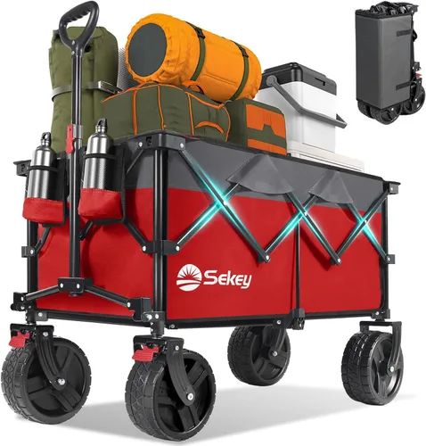 Miniatura 10 de Sekey Carritos Vagones Plegables de 220L con Ruedas Grandes Todo Terreno para Playa, Vagón Plegable de Trabajo Pesado con Portavasos, Vagón Plegable