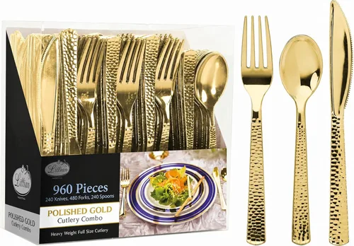 Miniatura 11 de Juego de cubiertos de plástico dorado, 160 unidades, cubiertos extra resistentes, cubiertos desechables, 80 tenedores, 40 cucharas, 40 cuchillos