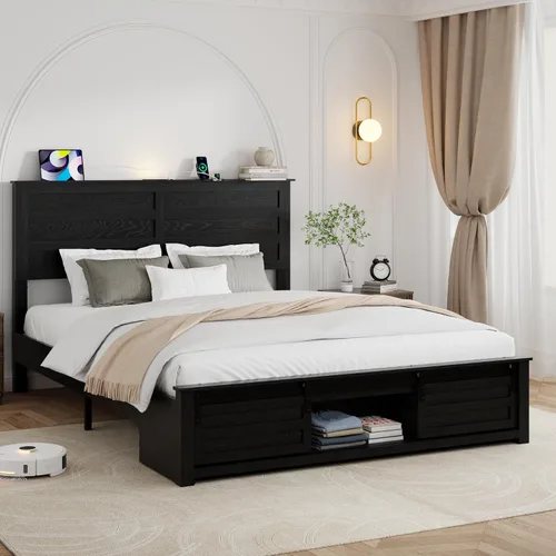 Miniatura 8 de Base de cama tamaño matrimonial con cabecero de madera, estructura de cama de plataforma de madera con estribo de puerta corrediza de granero