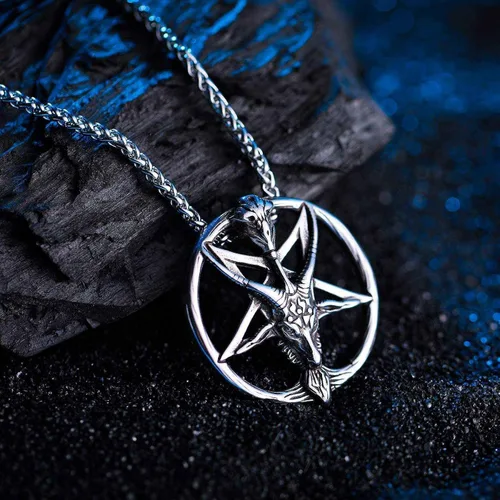 Miniatura 2 de BTNBTGB Collar del templo satánico con cabeza de cabra, pentagrama invertido, pentáculo de acero inoxidable, collar de baphomet con dije, cadena
