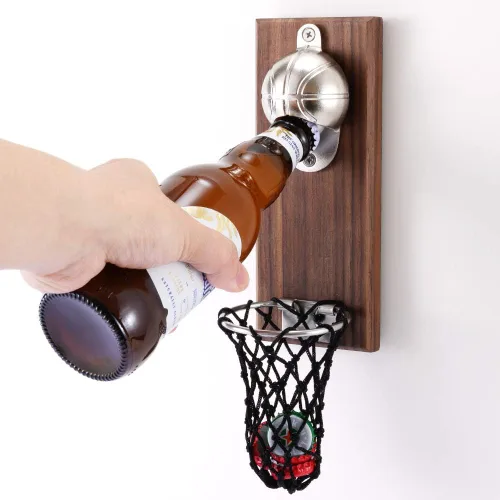 Abrebotellas magnético de baloncesto, abridor de madera montado en la pared con colector de tapas, regalo ideal para los amantes del baloncesto y la