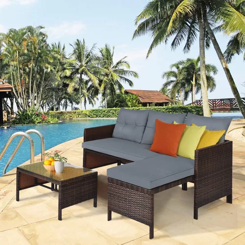 Miniatura 3 de COSTWAY Juego de muebles de patio de 3 piezas, sofá seccional de mimbre para exteriores con cojines y mesa de centro de vidrio templado para Gery