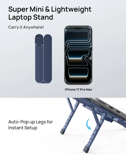 Miniatura 3 de SODI Soporte plegable ultra compacto para laptop, soporte portátil para escritorio y viajes, ajustable, ergonómico soporte de computadora de Azul