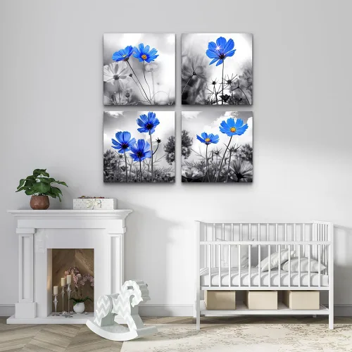 Miniatura 7 de Arte de pared para sala de estar, diseño de flores azules cian en blanco y negro, impresiones en lienzo grande para decoración de pared, obras