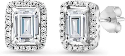 Miniatura 25 de Gem Stone King Aretes de plata de ley 925 con piedra natal Corte esmeralda de 0.315 x 0.236 in Aretes de halo para mujer