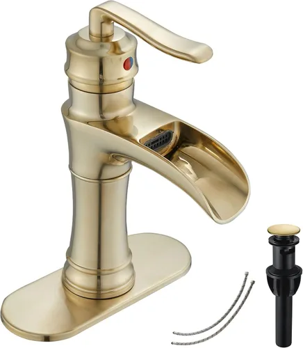 Miniatura 10 de Grifo de baño de cascada de latón antiguo GGStudy con una sola manija de un agujero, grifo de lavabo de baño a juego con drenaje desplegable