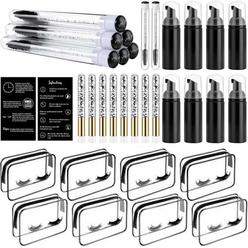 Remerry 40 Pcs Lash Shampoo Brushes Set Eyelash Aftercare Bag Disposable Mascara Tubes Foam Pump Bottle Extension Aftercare Instructions Card