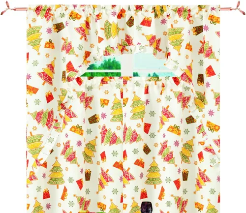 Miniatura 12 de Violet Linen Juego de cortinas de cocina de 3 piezas con estampado botánico botánico de Navidad