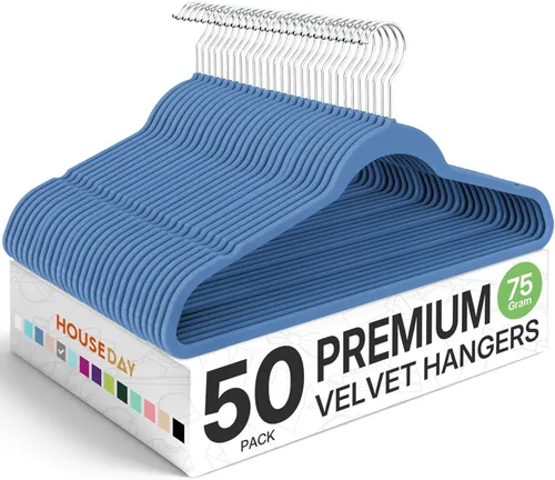 HOUSE DAY - Perchas de terciopelo premium, paquete de 50 perchas azules, antideslizantes, con fieltro aterciopelado, percha resistente con gancho