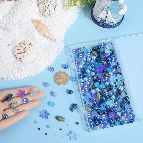 Miniatura 3 de SUNNYCLUE 1 Caja 540 piezas Kit de Cuentas Oceánicas Vidrio Verano Pez Estrella de Mar Dijes Azul Hawaii Animales Marinos Dije Cuentas de Semillas