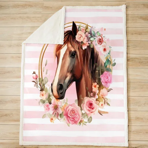 Miniatura 2 de Manfei Manta floral con diseño de caballo y acuarela, para decoración de habitación de niños y niñas, manta con estampado de rayas rosas para sofá
