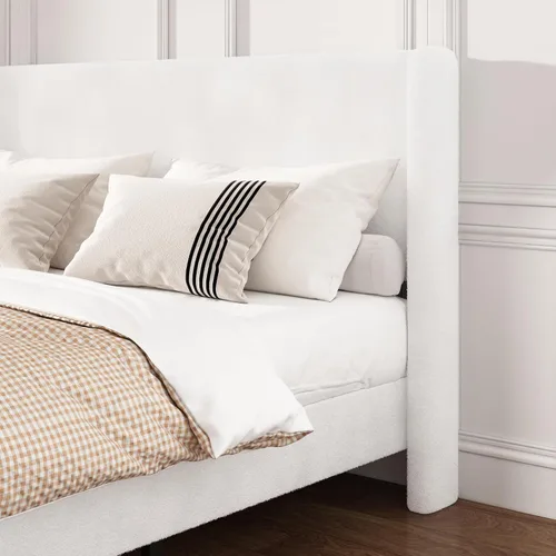 Miniatura 4 de Marco de cama Full Boucle, cama de plataforma con cabecera tapizada con respaldo de ala, fuerte soporte de listones de madera, sin ruido, no Beige
