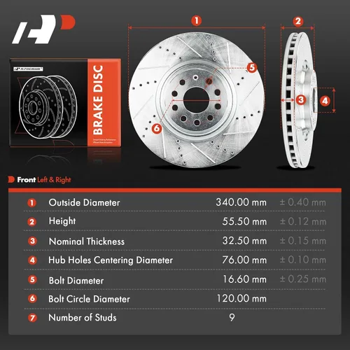 Miniatura 5 de A-Premium Rotores de freno de disco perforados y ranurados delanteros de 13.39 pulgadas (13.386 in) compatibles con los modelos Volkswagen y Audi