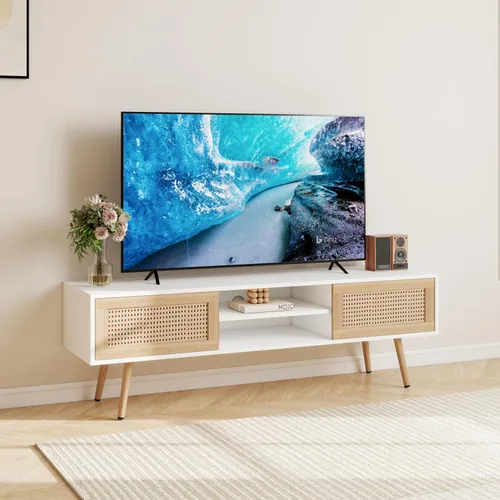 Miniatura 12 de Wood TV Stand for 65+ Inch TV, Boho Television Stand with Natural Rattan Sliding Doors & Adjustable Shelves, Entertainment Center Media Console for