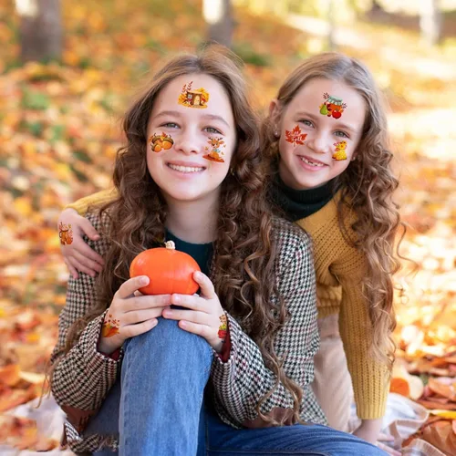 Miniatura 7 de HOWAF 96 tatuajes temporales de otoño para niños, tatuajes faciales de cosecha de otoño para bienvenida, otoño, hola, suministros de decoración