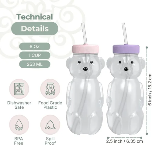 Miniatura 4 de The 730 Project Oso de Miel Taza con Pajita para Bebés, Taza Oso de Miel de 8 oz con Cepillo para Botella, Pack de 2 Tazas de Terapia de Aprendizaje