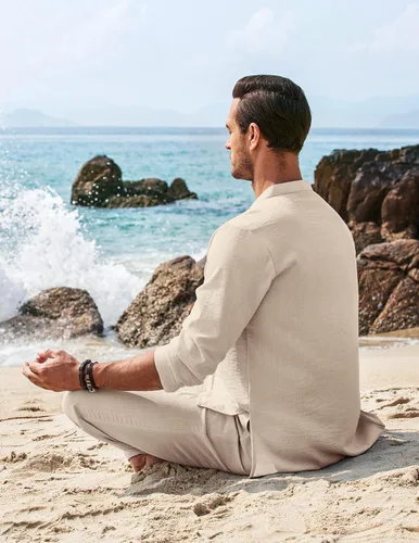 Miniatura 8 de COOFANDY Conjunto de 2 piezas de lino para hombre, camisas Henley de manga larga, pantalones casuales de playa con bolsillos, trajes de yoga
