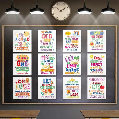 Miniatura 10 de Cinrobiye 12 carteles con versículo bíblico para niños, arte de pared cristiano inspirador con citas de las Escrituras, decoración religiosa