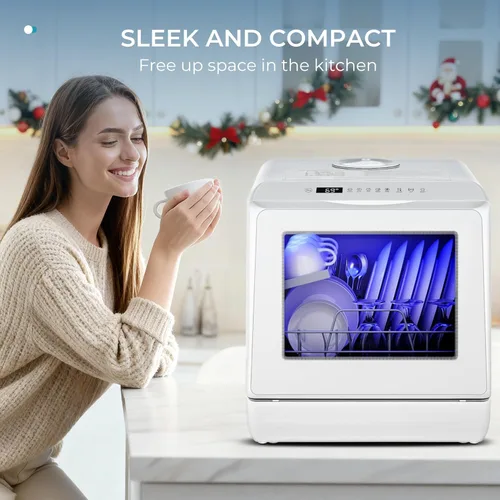 Miniatura 9 de EUHOMY Lavavajillas de encimera portátil con 6 programas, tanque de agua incorporado de 1.3 galones para apartamentos, alta temperatura de 75℃, sin