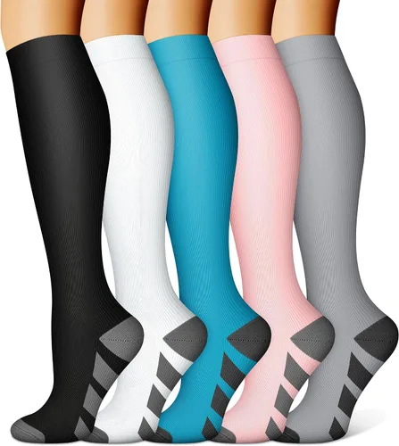 FEYHAY Calcetines de compresión de cobre (5 pares) de 15-20 mmHg, la circulación es la mejor atlética y diaria para hombres y mujeres, correr,