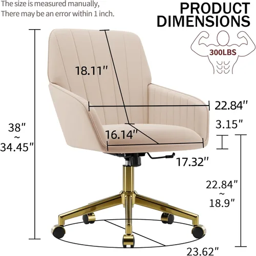 Miniatura 3 de YISHENG - Silla de escritorio de terciopelo con base dorada, con ruedas, silla de tocador tapizada moderna ajustable en altura, giratoria 360 grados