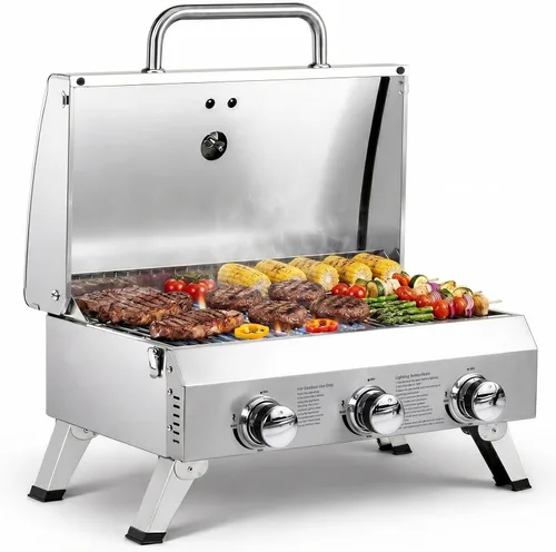 Miniatura 8 de ROVSUN Parrilla de gas portátil de 2 quemadores, 20000 BTU para exteriores, parrilla de propano con encendido, termómetro integrado y cuerpo