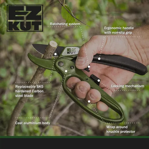 Miniatura 3 de EZ Kut Tijeras de Podar Resistentes Verdes - con Acción de Trinquete Gran Herramienta de Mano de Jardín Cortadoras Podadoras de Jardinería