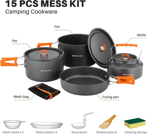 Miniatura 4 de Odoland 15pcs Camping Cookware Non-Stick Lightweight Camping Pots and Pans Set with Kettle Plastic Plates Bowls Soup Spoon for Camping, Backpacking