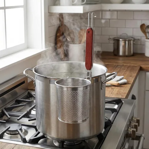 Miniatura 6 de Lawei Paquete de 3 coladores de cesta de pasta, colador de malla de acero inoxidable con mango de madera para cocinar, hervir, cocina, tamiz fino