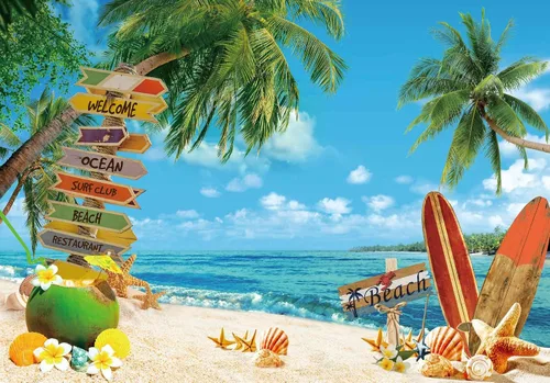 Tela de poliéster de 7 x 5 pies, telón de fondo de playa de verano, fondo de playa tropical, isla de palmeras, fotografía, cielo de mar azul,
