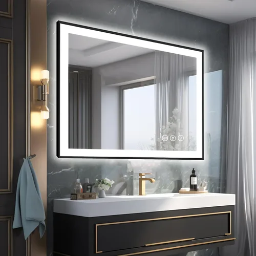 Miniatura 14 de Espejo de baño LED de 20 x 28 pulgadas para pared, marco negro (metal, aluminio), luz frontal y retroiluminada, 3 colores y espejo de tocador