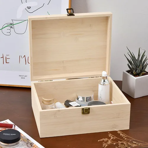 Miniatura 7 de Paquete de 2 cajas de madera sin terminar, caja grande de madera con tapa con bisagras, cierres frontales, cajas de madera natural