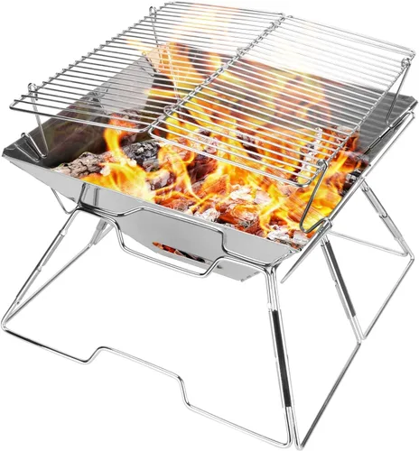 Odoland Parrilla plegable para fogata, parrilla de acero inoxidable 304, parrilla de camping portátil con patas para pícnics, mochileros, al aire