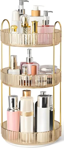 Miniatura 9 de Organizador de maquillaje giratorio de 360° para tocador, organizadores de perfumes de 3 niveles, organizadores de cuidado de la piel y Transparente