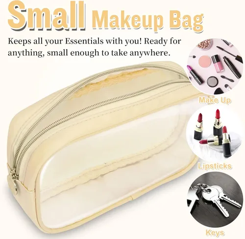 Miniatura 4 de izuzta Bolsa de maquillaje pequeña de nylon, linda bolsa preppy, bolsa con cremallera para cosméticos, Beige, Chico 2-Beige