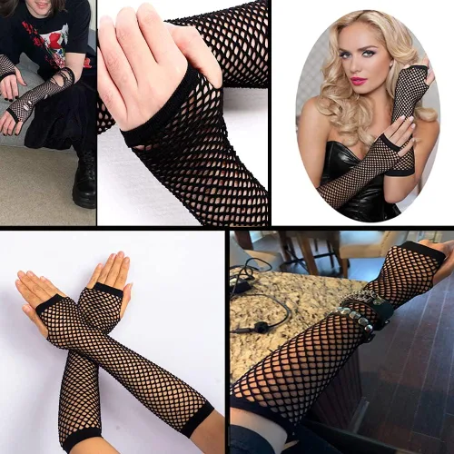 Miniatura 6 de Guantes de red negros Mangas largas de encaje elástico para brazos, accesorio de fiesta, guantes huecos sin dedos de nailon negro de los años 20