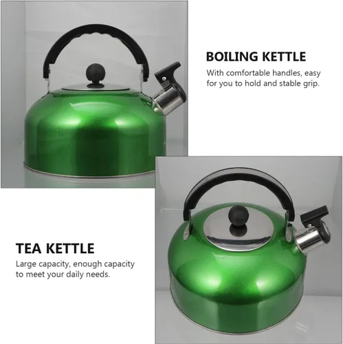 Miniatura 5 de Cabilock Hervidor de té silbante de acero inoxidable de 2 litros para estufa, hervidor verde con mango ergonómico, silbato fuerte, compatible