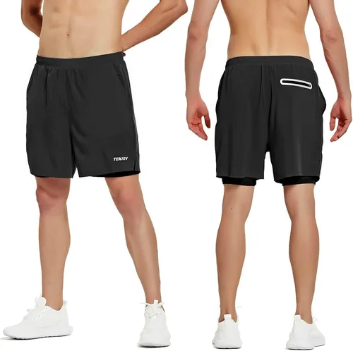 Miniatura 2 de TENJOY Pantalones cortos de correr 2 en 1 para hombre, de 5 o 7 pulgadas, de secado rápido, pantalones cortos de entrenamiento atlético para hombres