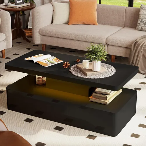Miniatura 7 de AHB Mesas de centro contemporáneas para sala de estar, mesa de centro LED con esquina redondeada en 16 colores, mesa de 2 niveles de alto brillo
