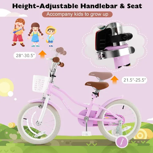 Miniatura 3 de BABY JOY Bicicleta para niños, 12, 14, 16, 18, 20 pulgadas, con asiento ajustable, cesta extraíble, freno de mano y freno de posavasos, ruedas
