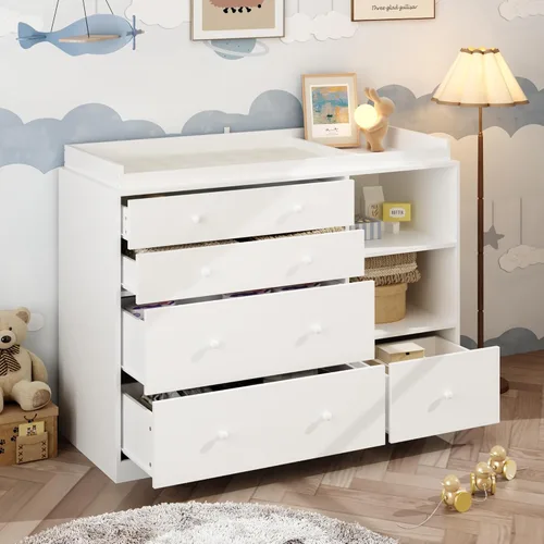 Miniatura 3 de Cómoda de guardería con mesa cambiadora para bebé, mesas cambiadoras de pañales para guardería con 5 cajones y estantes, estación cambiadora