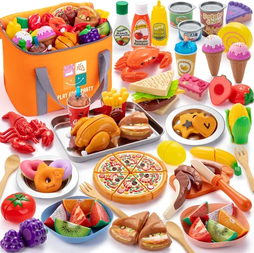 Juboury - Juego de comida de simulación para niños pequeños, alimentos de juguete para cortar con bolsa de almacenamiento, bandeja y platos de acero