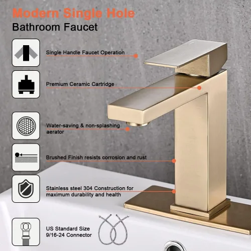 Miniatura 6 de AVSIILE llave de baño dorada cepillada, llave de baño dorada de un solo agujero, llave moderna de una sola manija de acero inoxidable para fregadero