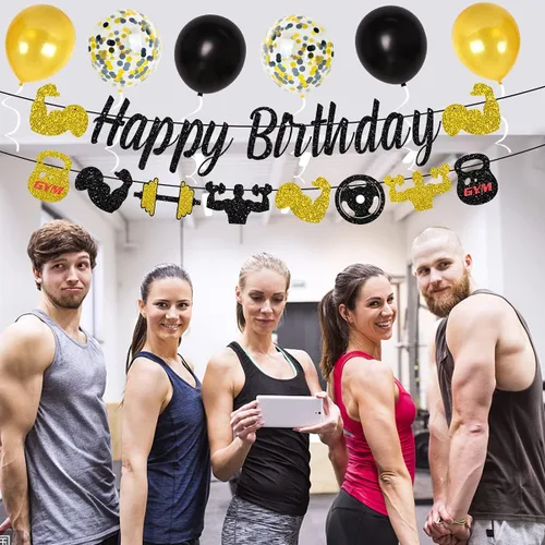 Miniatura 6 de Decoraciones de fiesta de cumpleaños para gimnasio, decoraciones de fiesta temática de fitness negro y dorado para hombres, suministros de fiesta