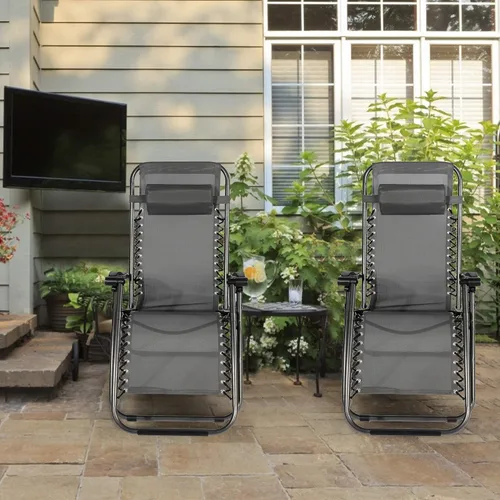 Miniatura 2 de Juego de 2 sillas ajustables de gravedad cero, sillas reclinables plegables para exteriores con almohada, sillas portátiles junto a la piscina, Gris