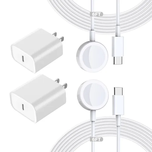 Carga rápida para cargador de Apple Watch, paquete de 2 bloques de cargador PD USB C Fast iWatch con cable inalámbrico magnético de 6 pies para
