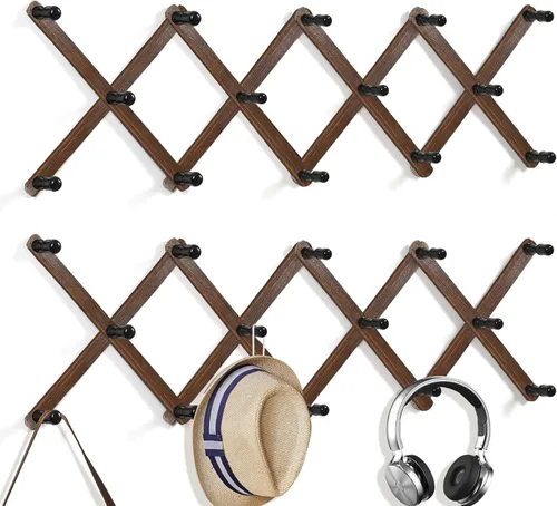 Miniatura 9 de WGFKVAS Perchero para sombreros de pared con 14 ganchos, de madera maciza, perchero expandible para colgar abrigos, sombreros, bolsos, gorras