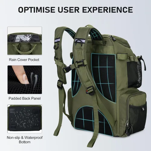 Miniatura 6 de N NEVO RHINO Mochila de aparejos de pesca con soportes para caña, bolsa de pesca grande de 40 L con cubierta impermeable para lluvia, bolsa