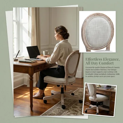 Miniatura 4 de LukeAlon Silla giratoria de lino vintage de 360°, silla de tareas de altura ajustable beige, marco de madera sin brazos, respaldo redondo y ruedas